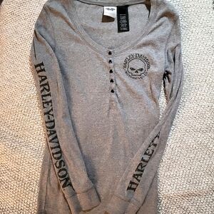 Women's Harley-Davidson Snap Front Henley, Gray, Details On Back, Sleeves, Small